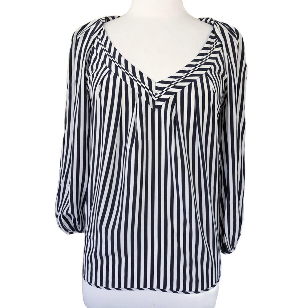 Diane Von Furstenberg Cahill Silk Blouse Size 4 Navy Stripe Blouson Sleeve Top